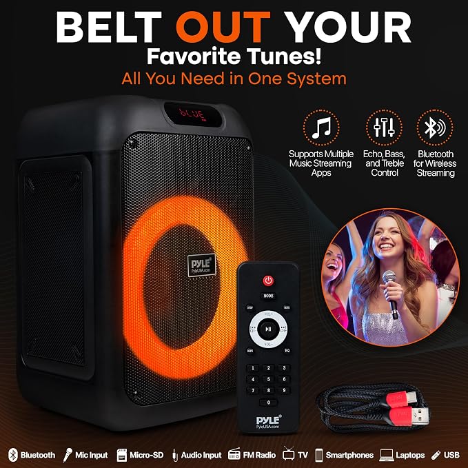 Pyle 100W Bluetooth Karaoke PA Speaker with 8 Inch Woofer, Echo Bass and Treble Control, USB SD Card FM Radio, Mic Input, LED Lights for Home Events and DJ Use