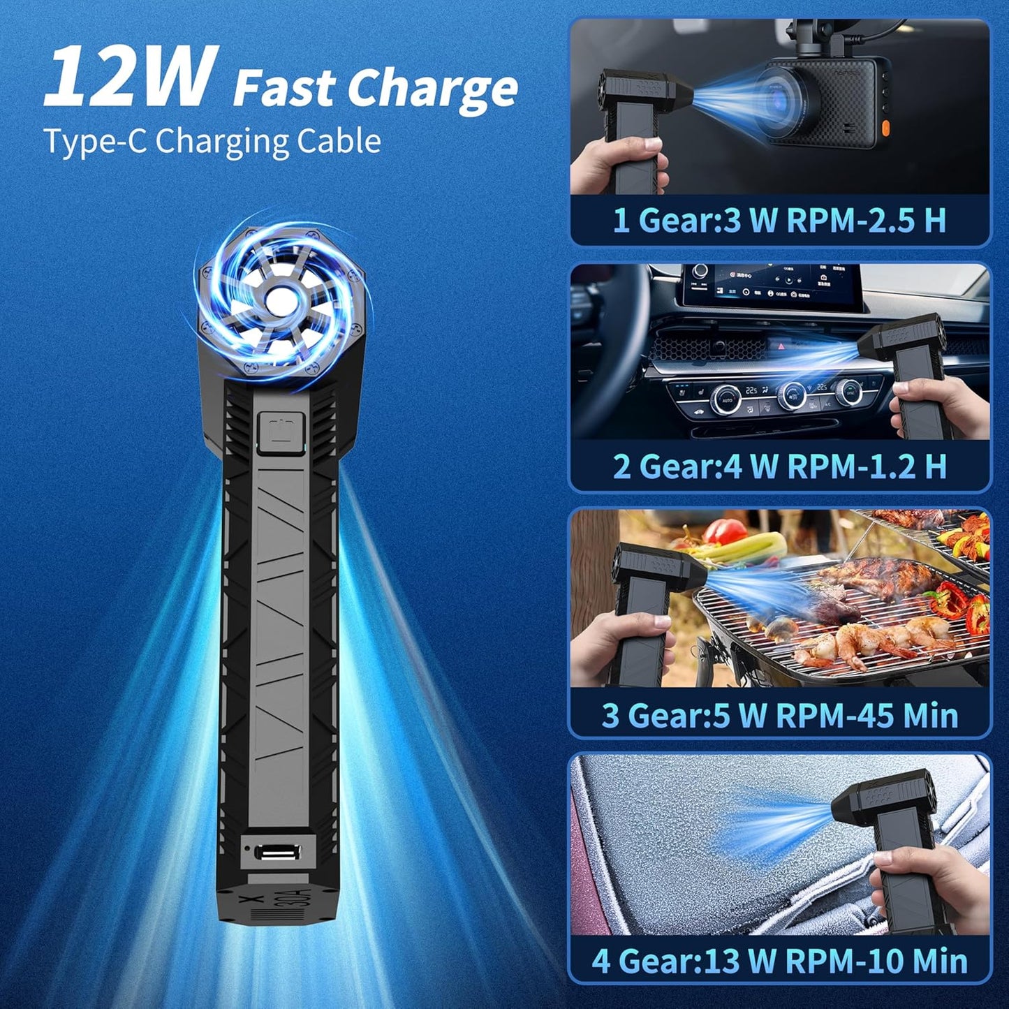 BlueBark Compressed Air Duster, 13,000 Rpm Air Duster, Replacement Of Compressed Can, Four Wind Speeds & Aviation Grade Alloy Fan Blade, Gifts For Men, For Car Accessories, Keyboard Cleaning