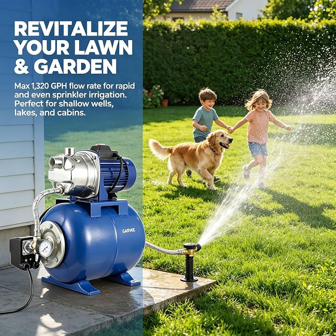 Garvee 1.6 HP Shallow Well Pump with Pressure Tank, 1320 GPH, Water Jet Irrigation Pump, Automatic Pressure Switch, Stainless Steel, for Home, Farm, Garden & Yard, Blue