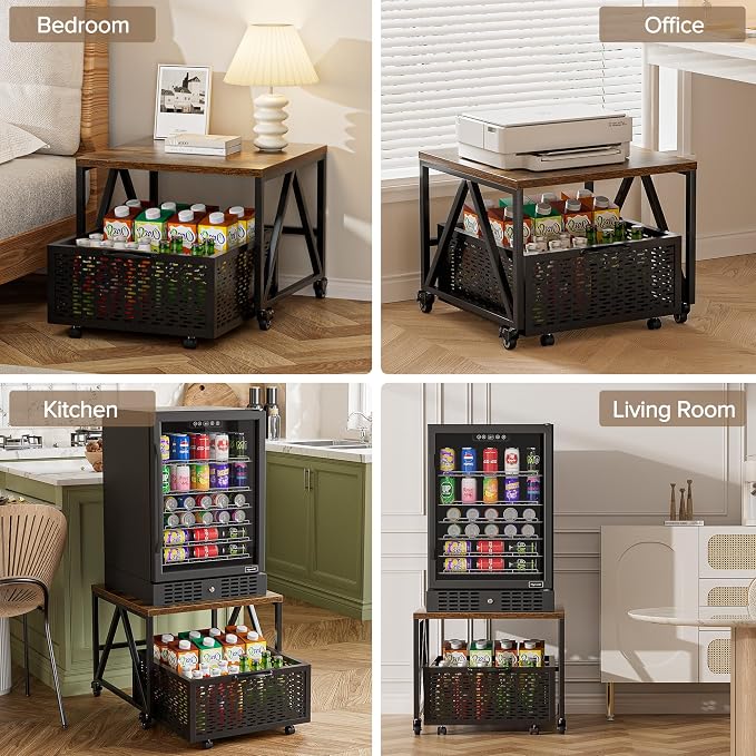Urban Deco Mini Fridge Stand with Storage,Heavy Duty Fridge Cart with Drawer Basket,Mini Refrigerator Table for 220LBS,Mobile Fridge Stand with Swivel Wheels for Dorm,Home,Brown(Frame with Wheels)