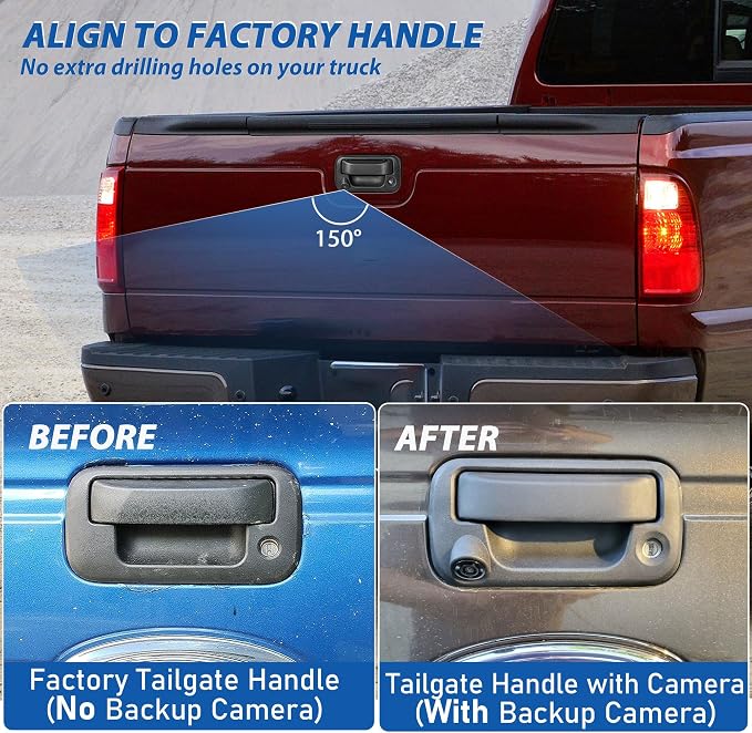 EWAY Tailgate Handle Rear Backup Camera for 2004-2016 Ford F150 F250 F350 F450 F550 Super Duty Explorer Lobo, Lincoln Mark LT Tailgate Latch Door Handle Reverse Back Up Camera RCA Connector w/Key Hole