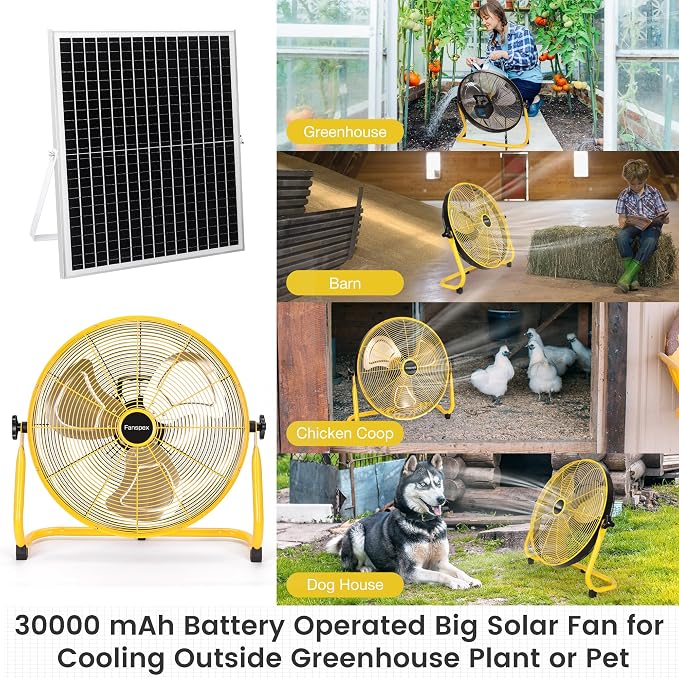 Fanspex 20" Solar Rechargeable Floor Fan for Outdoor, 30000 mAh Battery Operated Fan with 35W Solar Panel Powered for Patio Gazebo Camping, 360° Tilt (21.2 ft/s Airflow)