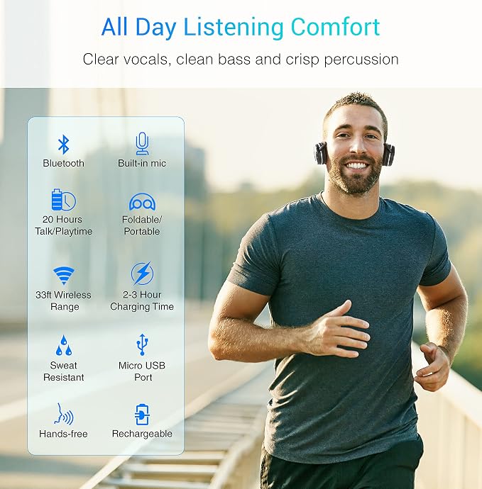 Kinivo BTH240 Bluetooth Headphones On-Ear, Wireless Music, Calling, Mic | Sports Running Headphones (Hands-Free Calling, Built-in Mic, Foldable, Travel Bag) Bluetooth Headset for running gym workout