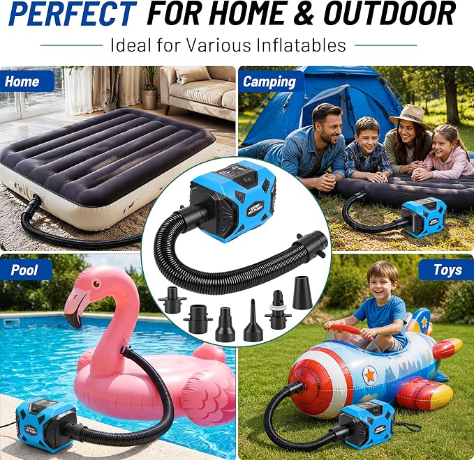 600W Electric Air Pump for Inflatables, High Power Air Mattress Pump with 6 Nozzles, Quick Inflate & Deflate Air Pump for Pool Floats, Vacuum Storage Bags, Swim Rings, Inflatable Toys