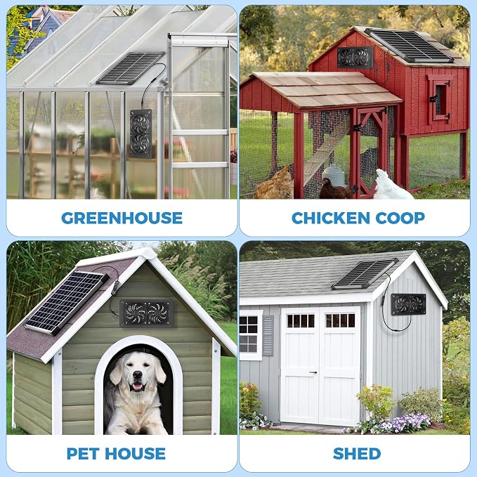 Solar Fan Kit for Chicken Coop - Two IP65 Waterproof 5" Solar Powered Fans - Outdoor Exhaust Intake Ventilation Fan for Outside Shed Greenhouse Attic Pet House - Strong Airflow Without Battery