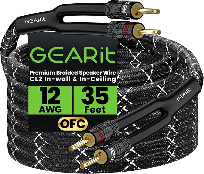 GEARit Speaker Cable with Banana Plugs 12 Gauge 35 ft,OFC Speaker Wire CL2 Rated with Gold-Plated Tips,Braided Speaker Wire for Audiophiles,Hi-Fi Systems,Home Theater,Amplifiers & Speakers(Black)