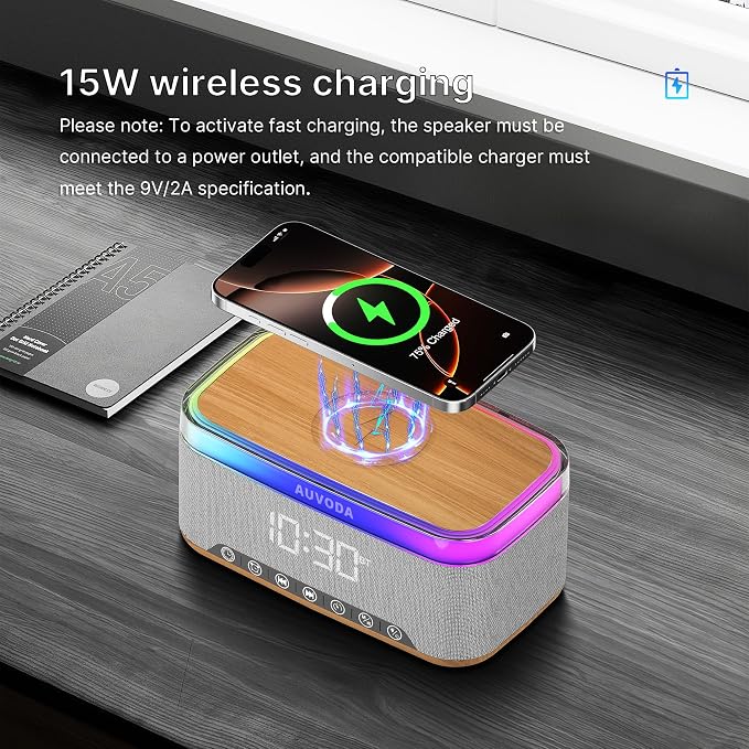 S300 Portable Bluetooth Speaker, 16 W Stereo, BT 5.3, TWS Pairing | 15 W Wireless Charging, 13-Color Night Light, Alarm Clock, TF AUX Inputs, Ideal for PC Smartphone Home Bedroom Office