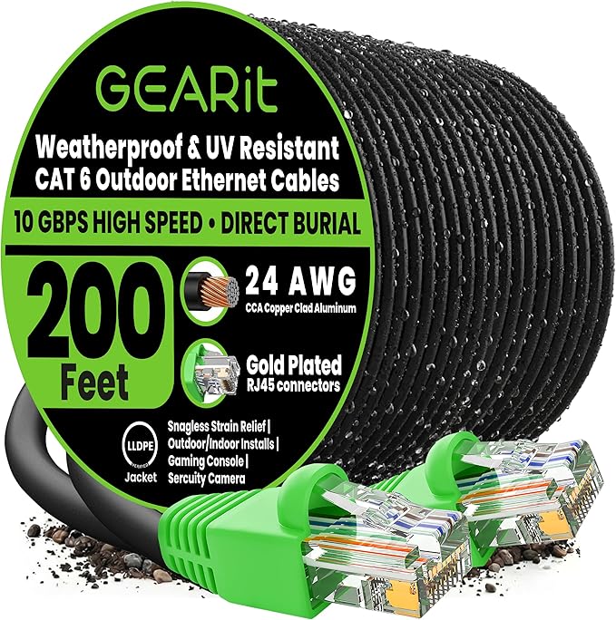 GEARit Cat6 Ethernet Cable 200ft, Outdoor Direct Burial Cat 6 Cable 24AWG High Speed Up to 10Gbps, LLDPE (PE) UV-Resistant Waterproof Jacket, CCA RJ45 Network Internet Cable for Router- Black