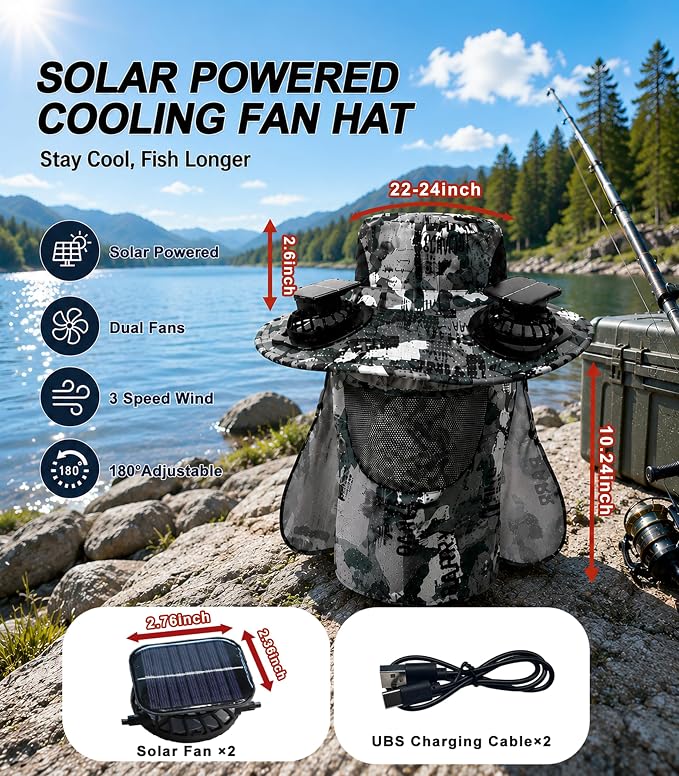 FUNHORUN Fishing Hat with Fans, Wide Brim Solar Fan Hat for Men Women, Outdoor Fishing Camping Hat with Neck Flap, Camo Bucket Hat