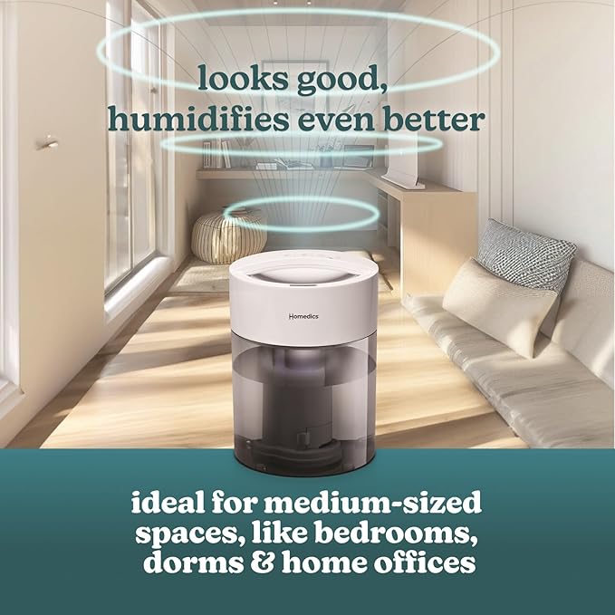 HoMedics Humidifiers for Bedroom, Home, Nursery, Office and Plants. Total Comfort UV-C Ultrasonic Humidifier, Leak Resistant Design, 0.97 Gallon Tank, 35 Hour Run Time, Quiet, Cool Mist, Night Light