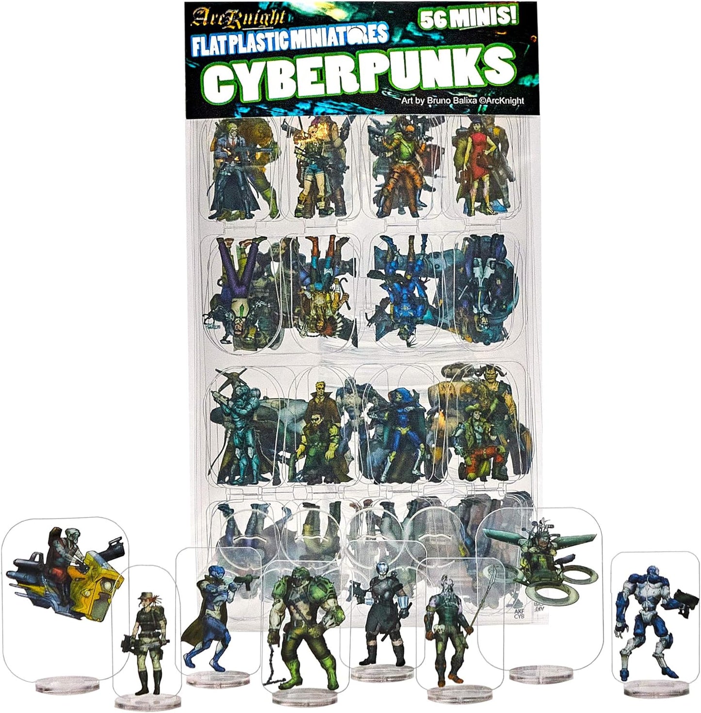 Arcknight Flat Plastic Miniatures: Cyberpunks; 56 Unique Sci-Fi-Themed Minis for Starfinder; Affordable, Skinny Figurines for SF, Shadowrun, and Other Tabletop RPG Games
