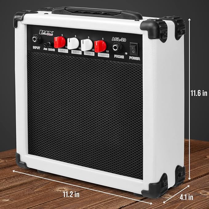 LyxPro Electric Guitar Amp 20 Watt Amplifier Built in Speaker Headphone Jack and Aux Input Includes Gain Bass Treble Volume and Grind - White