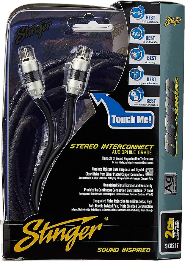 STINGER 8000 Series 17ft 2-Channel RCA Stereo Interconnect Cable for Car Audio Systems, Silver Plated Copper Conductors, Directional High-Rate Double Twisted-Pair Construction for Noise Rejection