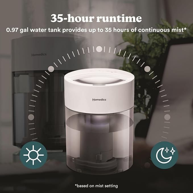HoMedics Humidifiers for Bedroom, Home, Nursery, Office and Plants. Total Comfort UV-C Ultrasonic Humidifier, Leak Resistant Design, 0.97 Gallon Tank, 35 Hour Run Time, Quiet, Cool Mist, Night Light