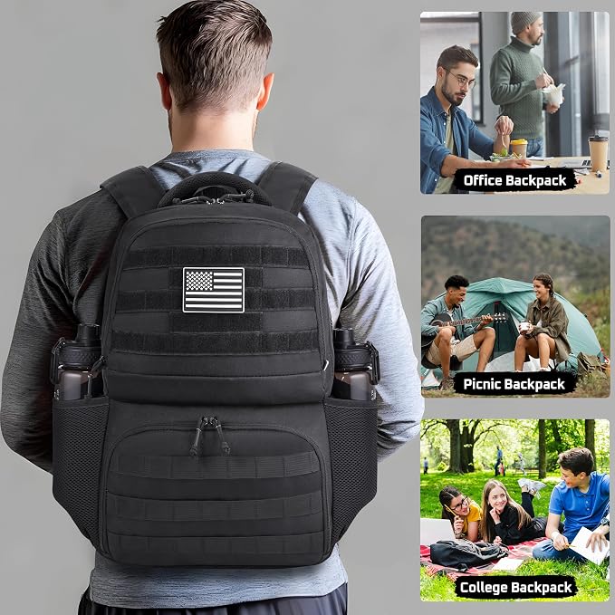 MOZETO Laptop Lunch Backpack for Men, Tactical Inspired Utility Anti-Theft Work Bag with Cooler Compartment Lunchbox (Black, 18 Inch)