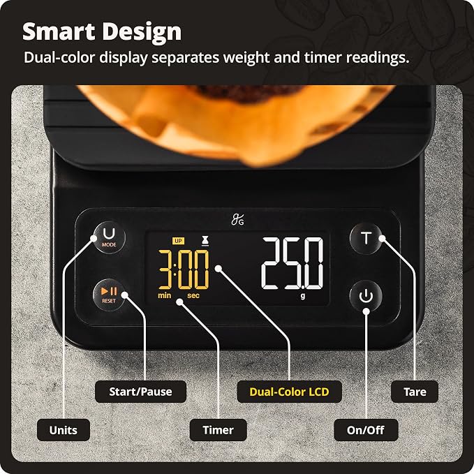 Greater Goods Coffee Scale with Timer, 0.1g Precision Digital Espresso & Pour Over Scale for Chemex, V60, Drip & Matcha Weighing, Waterproof Silicone Cover, 6.6lb Barista Brew Capacity (Onyx Black)