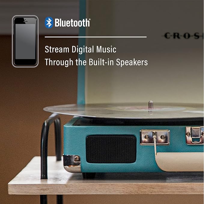Crosley CR8005F-TU Cruiser Plus Vintage 3-Speed Bluetooth in/Out Suitcase Vinyl Record Player Turntable, Turquoise/White