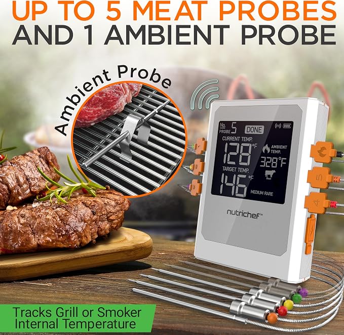 Nutrichef Wireless Meat Thermometer with 2 Stainless Steel Probes, Bluetooth and WiFi Smartphone App for Monitoring Food Temp and Remote Alerts, Digital Display, for Grilling and BBQ Smoking