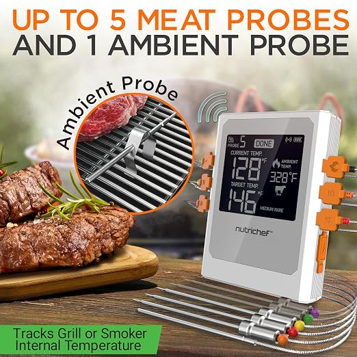 NutriChef Wireless Meat Thermometer with 2 Stainless Steel Probes, Bluetooth and WiFi Smartphone App for Monitoring Food Temp and Remote Alerts, Digital Display, for Grilling and BBQ Smoking