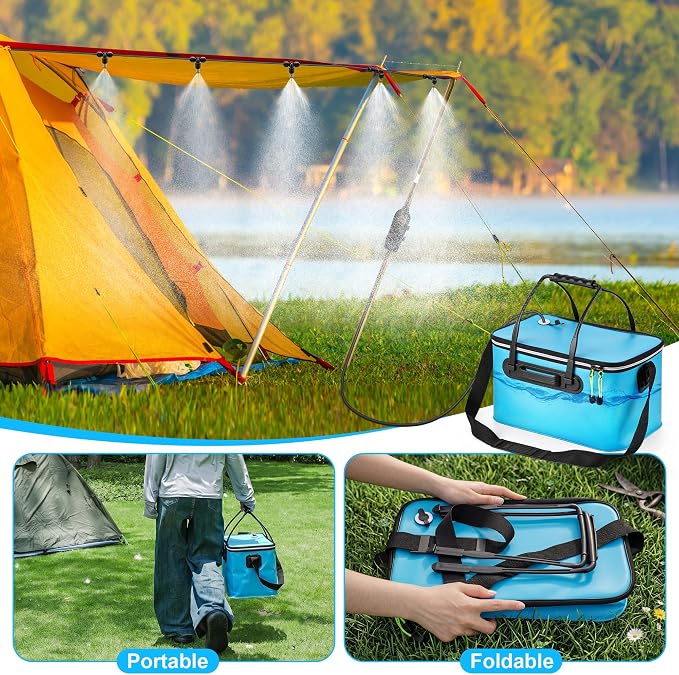 6 Gallon Portable Misting System, 30 FT Cooling Misters with Water Mister Pump Foldable Bucket 8 Mist Nozzles for Outdoor Patios, Golf Carts, Greenhouse, Canopy, Camping, Hiking(Blue)