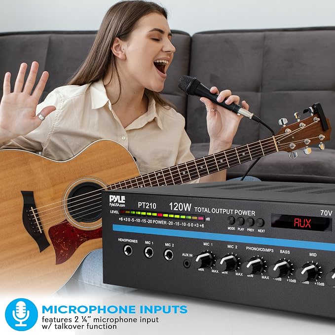 Pyle Home Compact Public Address Mono Amplifier - Professional 120 Watt Home Power Audio Sound PA Speaker Receiver System w/ RCA, Headphone, 2 Microphone Inputs, Independent Volume Control - PT210