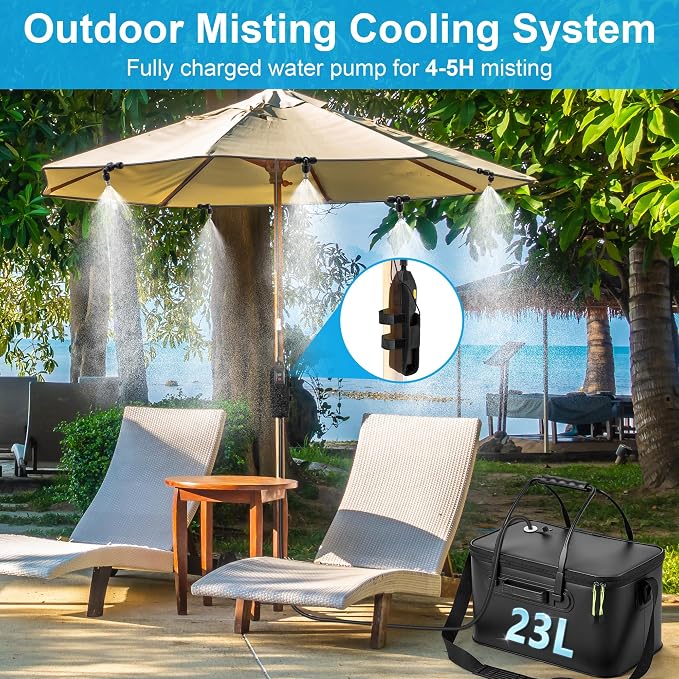 6 Gallon Portable Misting System, 30 FT Cooling Misters with Water Mister Pump Foldable Bucket 8 Mist Nozzles for Outdoor Patios, Golf Carts, Greenhouse, Canopy, Camping, Hiking (Black)