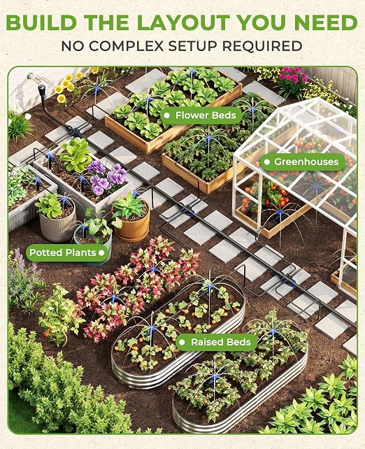 HIRALIY 50FT Automatic Drip Irrigation Kit with Timer, Quick-Connect Garden Watering System with 40FT 1/4" Tubing, 10FT Main Hose, 12 Adjustable Drippers for Patio, Raised Beds & Potted Plants
