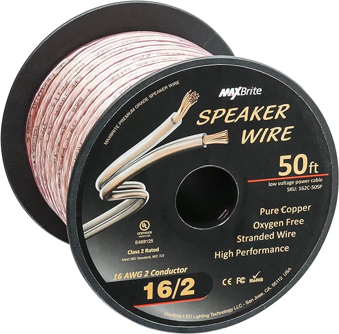 50 ft. Spool High Performance 16 Gauge Speaker Wire, Oxygen Free Pure Copper - UL Listed Class 2