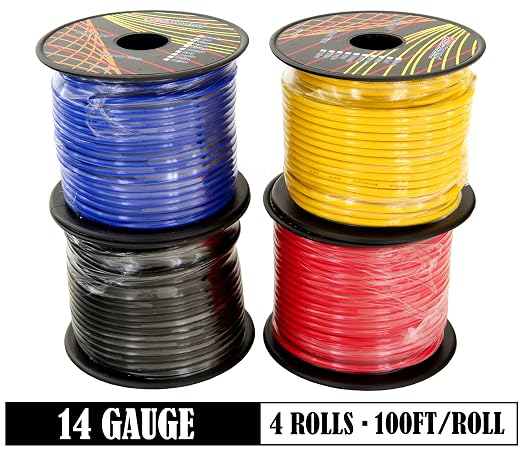 GS Power 400ft CCA 14 Gauge Wire Automotive, 100ft Spool, 4 Colors, 14 AWG 12v, Speaker Electrical Wire Low Voltage Primary for Car Stereo Audio Trailer Harness Hookup Wiring DIY
