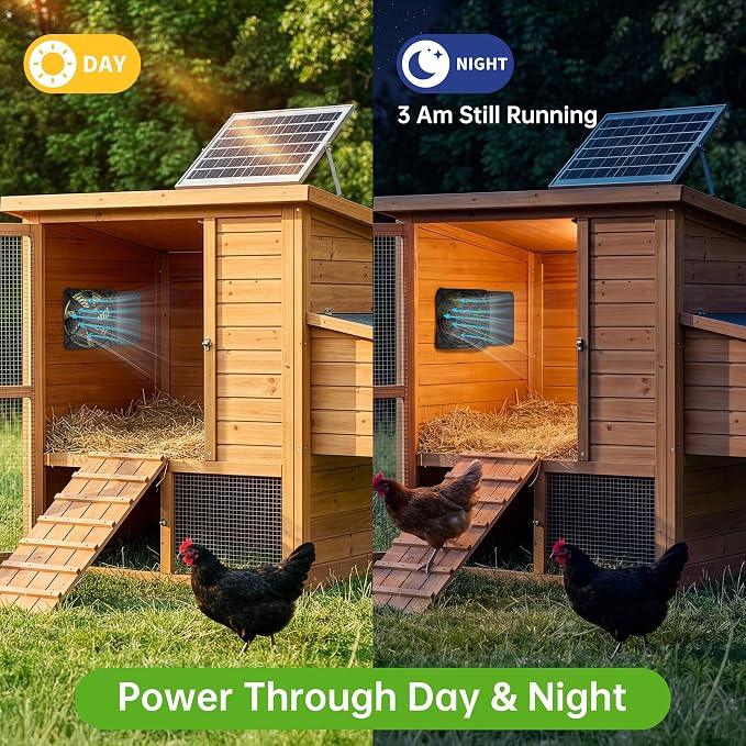 ropelux Solar Exhaust Fans with 15000mAh Battery & 2 Timers, Single Fan | Solar Powered, 24/7 Operation, Airflow Cooling Ventilation, for Chicken Coop, for Greenhouse, for Dog House, for Shed