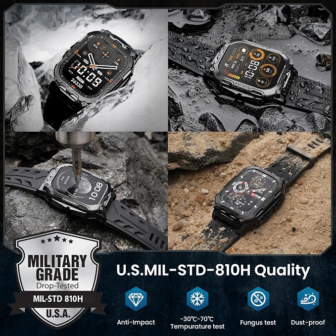 AMAZTIM Smart Watch for Men, 130 Days Extra-Long Battery, 1.96" Full Metal Rugged Military Watch, 50M Waterproof, Flashlight, 24/7 Heart Rate Sleep Monitor, Answer/Dial Calls, for Android & iOS