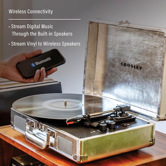 Crosley CR8005F-SI Cruiser Plus Vintage 3-Speed Bluetooth in/Out Suitcase Vinyl Record Player Turntable with Built-in Speakers, Silver