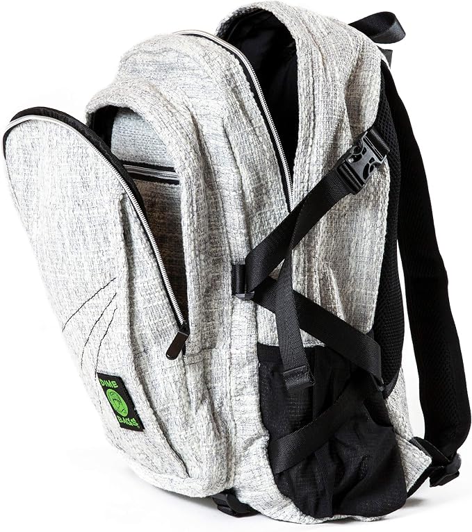 Dime Bags Backpack For Travel & School, Durable Hempster Material, 9 Storage Compartments & 2 Side Bottle Pockets, Fits 17” Laptop, Adjustable Padded Straps, Hidden Internal Pocket (Gray)