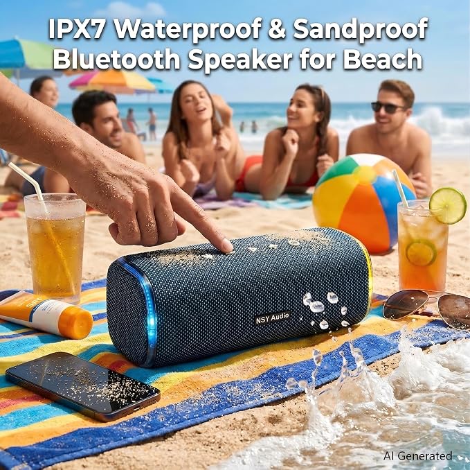 40W Bluetooth Shower Speaker, IPX7 Waterproof Pool Speaker | Interactive Tap-to-Play Drum Beats, 25H Playtime, LED Lights, Built-in Mic for Hands-Free Calls in Bathroom, Blue