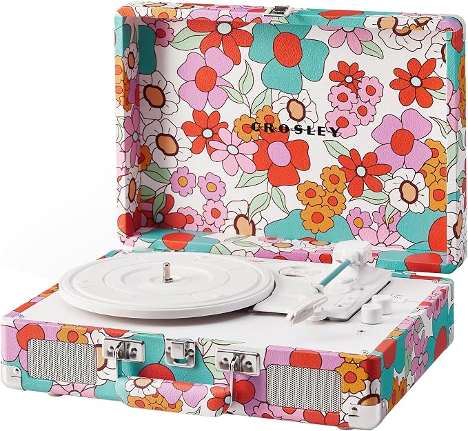 Crosley CR8005F-GF Cruiser Plus Vintage 3-Speed Bluetooth in/Out Suitcase Vinyl Record Player Turntable with Built-in Speakers, Groovy Floral