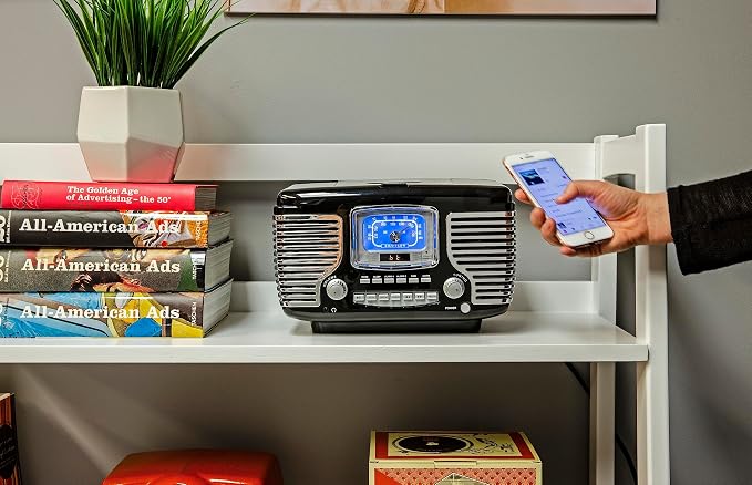 Crosley CR612B-BK Corsair Retro AM/FM Alarm Clock Radio and CD Player with Stereo Bluetooth Speakers, Black