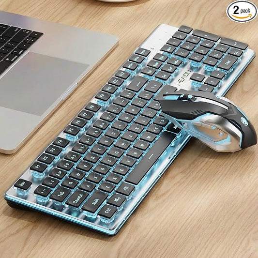 Wireless Keyboard and Mouse Combo with White Backlit Pudding Keycaps, Bluetooth & 2.4G, 2000mAh Rechargeable, Full Size, Metal Panel Quiet Computer Keyboard Set for Windows PC Desktop - Black