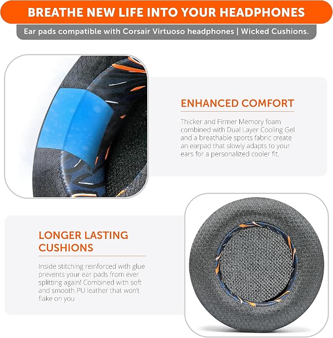WC Freeze Virtuoso - Hybrid Fabric Cooling Gel Replacement Earpads for Corsair Virtuoso Gaming Headset, Made by Wicked Cushions, Improved Durability, Thickness and Sound Isolation |Navy Tiger