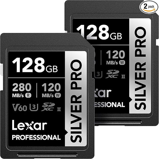 Lexar 128GB (2-PK) Professional Silver PRO SD Card, UHS-II, C10, U3, V60, Full HD, 4K, up to 280MB/s Read SDXC Memory Card, for Photographer, Videographer, Enthusiast (LSDSIPR128G-B2NNU)