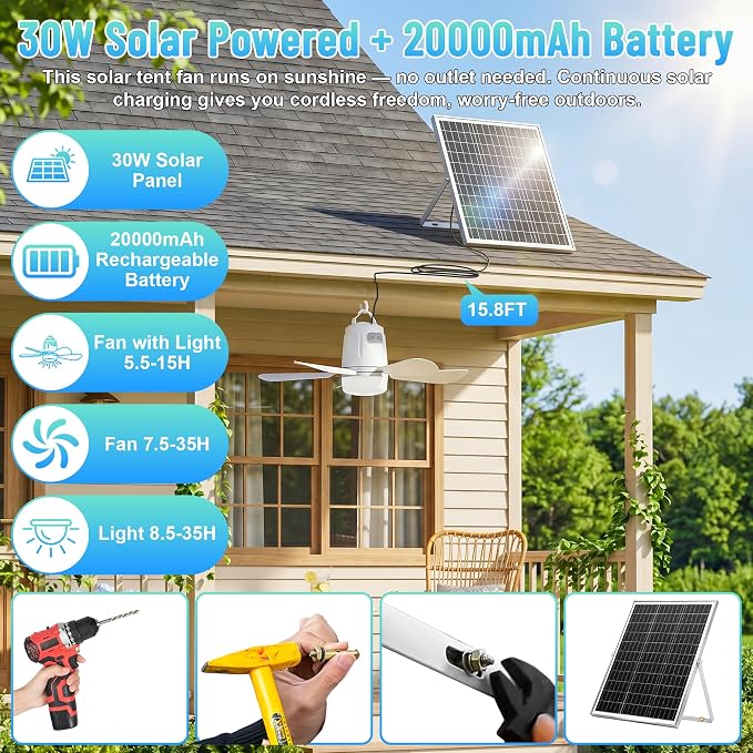 Solar Ceiling Fan 20'', 20000mAh Battery Portable Ceiling Fan with 30W Solar Powered, Remote & Hanging Hook, 3000k-6000k Dimmable Solar Fans for Outside, Tent, Gazebo, Canopy, RV, Chicken Coop