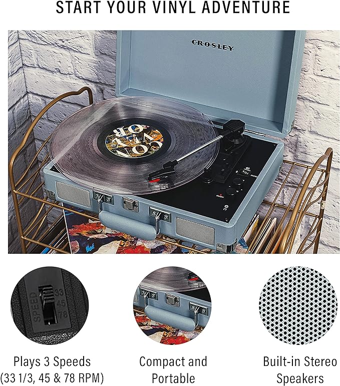 Crosley CR8005F-TN Cruiser Plus Vintage 3-Speed Bluetooth in/Out Suitcase Vinyl Record Player Turntable, Tourmaline