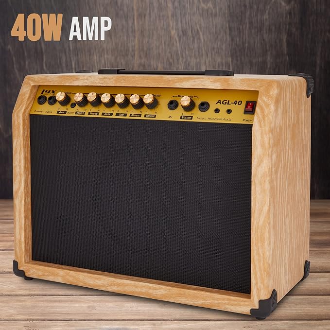 LyxPro 40 Watt Electric Guitar Amplifier | Solid State Studio Amp with 8” 4-Ohm Speaker, Custom EQ Controls, Drive, Delay, ¼” Passive/Active/Microphone Inputs, Aux in & Headphone Jack - Natural