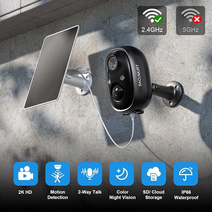 Solar Security Cameras Wireless Outdoor, Free Cloud Storage, 2.4G WiFi Camera Outdoor Wireless, Cameras for Home Security with Motion Detection, 2K HD, Color Night Vision, Works with Alexa, 2 Packs