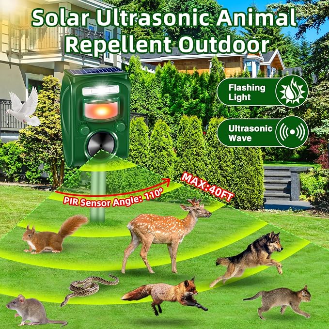 2026 Upgraded Ultrasonic Solar Animal Repellent Outdoor Cat Deterrent Deer Repellent Devices Squirrel Skunk Raccoon Rabbit Dog Deterrent with Motion Activated Strobe Light for Yard Garden Lawn,2 Pack