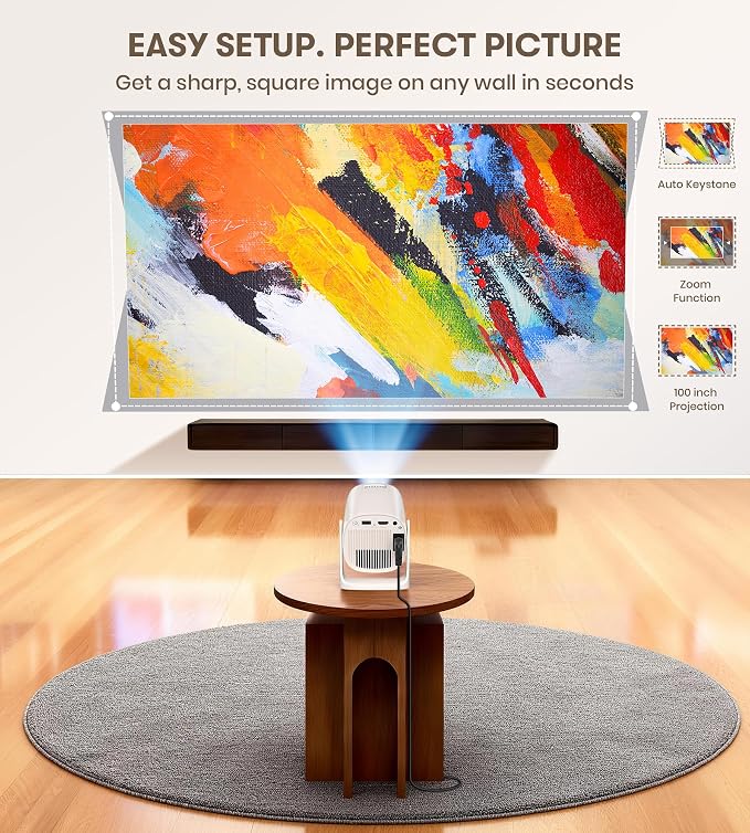 Miroir Roku TV Smart Projector with WiFi and Bluetooth, 150 ANSI, Dolby Audio, 270° Rotatable Stand, Auto Keystone & Zoom — Portable Mini Outdoor Movie Projector with Roku Streaming Built-in