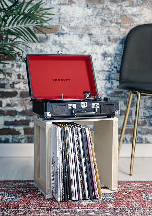 Crosley CR8005F-BK Cruiser Plus Vintage 3-Speed Bluetooth in/Out Suitcase Vinyl Record Player Turntable, Black/Red