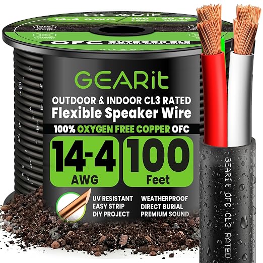 GEARit OFC Speaker Wire 14 Gauge 100 ft,UL CL3 Rated 14 Gauge Wire,Copper Wire with Polarity Mark,Speaker Cable for in-Wall,Home,Car,Outdoor,Garden,Commercial Audio Systems,OFC(Black,4-Conductors)