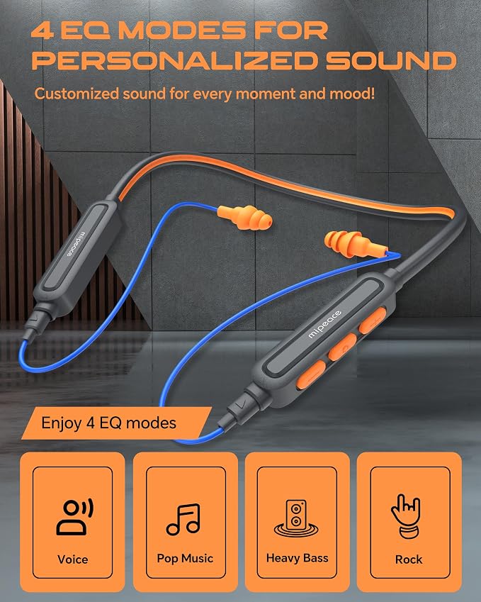 MIPEACE Neckband Bluetooth Work Headphones, 29dB Work Earbuds Bluetooth OSHA Approved-Ear Protection Headphones Noise Reduction for Construction Safety Industry, 20+Hour Battery, 4 EQ Modes