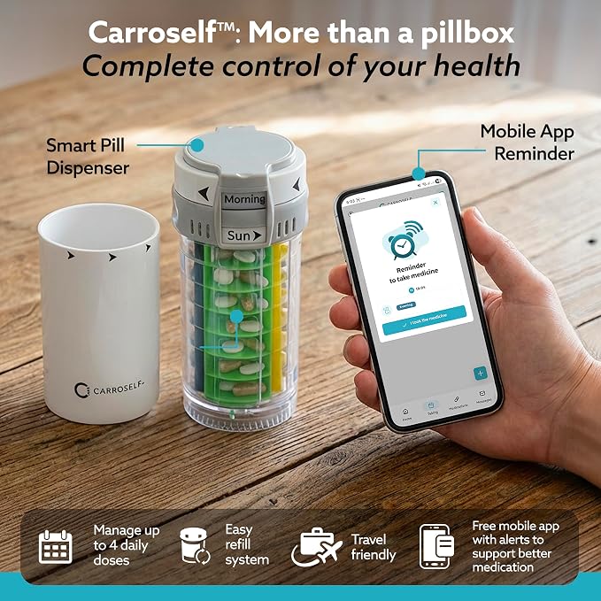 Pill Dispenser with App Reminder – Easy-to-Use Pill Organizer for 4 Daily Doses, AM/PM Supplement and Vitamin Organizer for Senior & Adults, Easy-Slide Storage for Medication Use | No Batteries Needed