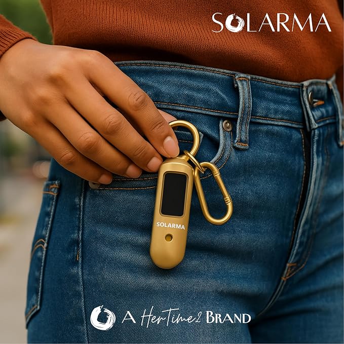 HerTime2 Personal Safety Alarm for Women - Loud Self Defense Siren, Waterproof Keychain with Strobe Light - Solar Rechargeable, Gold